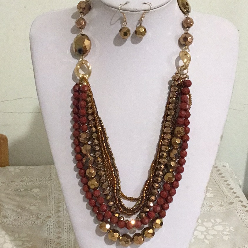 Multi Layer Gold And Brown Bead Necklace Earring